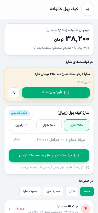 صفحه‌ی کیف پول خانواده با موجودی مشترک، درخواست شارژ فرزند و دکمه‌های سریع شارژ