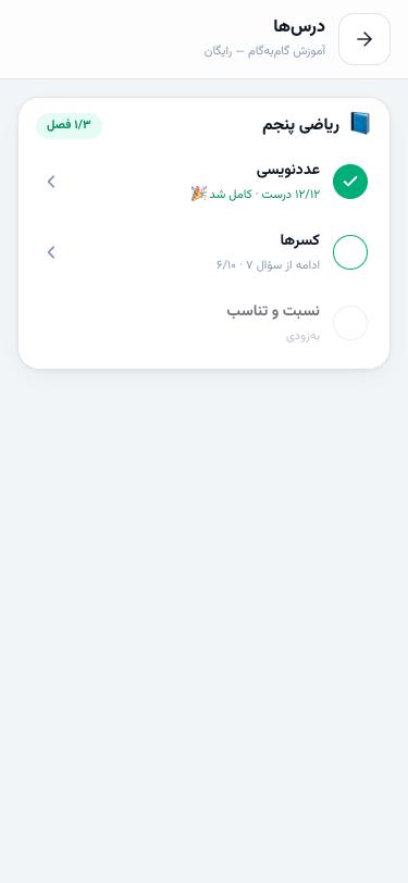 صفحه‌ی درس‌ها با فصل کامل‌شده، فصل نیمه‌کاره و فصل به‌زودی